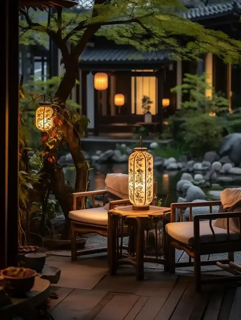 中式风建筑庭院,小巧精致,白墙黑瓦,曲径通幽.一桌四椅静置于院中