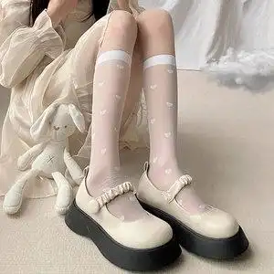 夜间教习室丝袜女短薄款中筒白色爱心小腿袜子jk透明超薄春秋白丝