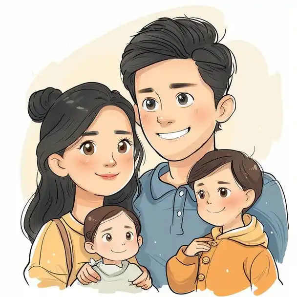 亲子头像|一家四口双胞胎女宝手绘创意插画