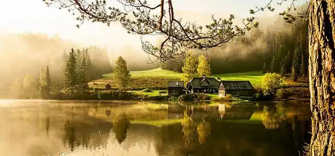 乡村别墅,湖,早晨,宁静,唯美意境风景壁纸