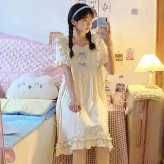 花青龄软妹公主风睡衣女生夏季新款过膝睡裙可爱日系甜美家居服6789