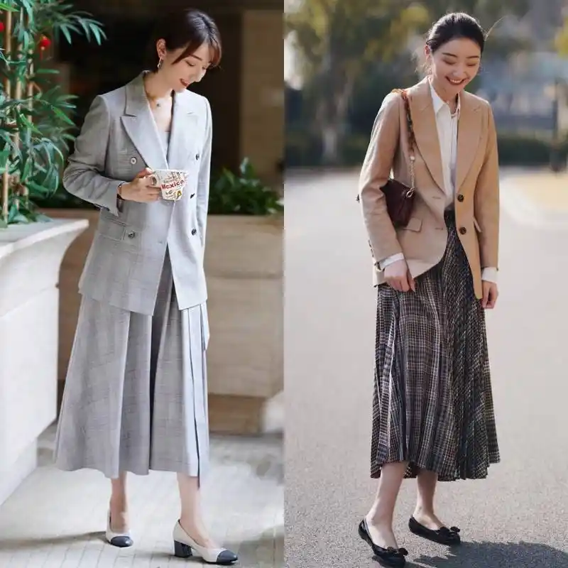 比较推荐大家尝试一下针织裙和西装的搭配