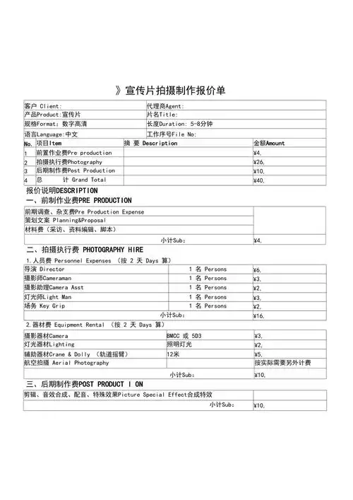宣传片拍摄制作报价单