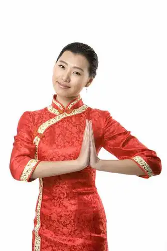 信心,中国,仅一个女性,旗袍,丝绸,美丽,祝福,注视,红色,观察,看,手势