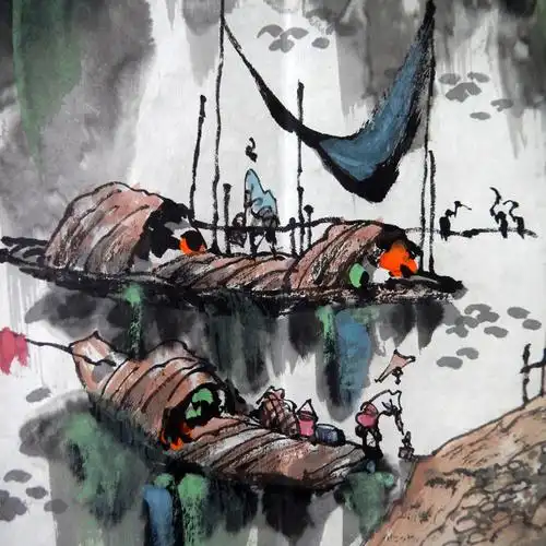 名家山水画真迹国画精品收藏字画 四尺斗方水彩墨山水画江南水乡2