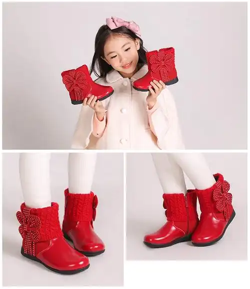 女童棉靴子冬韩版短靴6真皮加绒9加厚雪地靴女孩棉鞋公主靴8-12岁