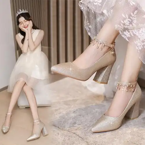 水晶鞋婚鞋女粗跟婚纱鞋子新娘鞋香槟色伴娘鞋尖头高跟舞台演出鞋瑞央