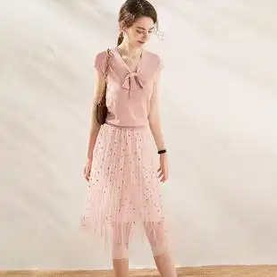 夏季套装女亮丝针织衫上衣加粉色网纱半身裙纱裙上下两件套法式