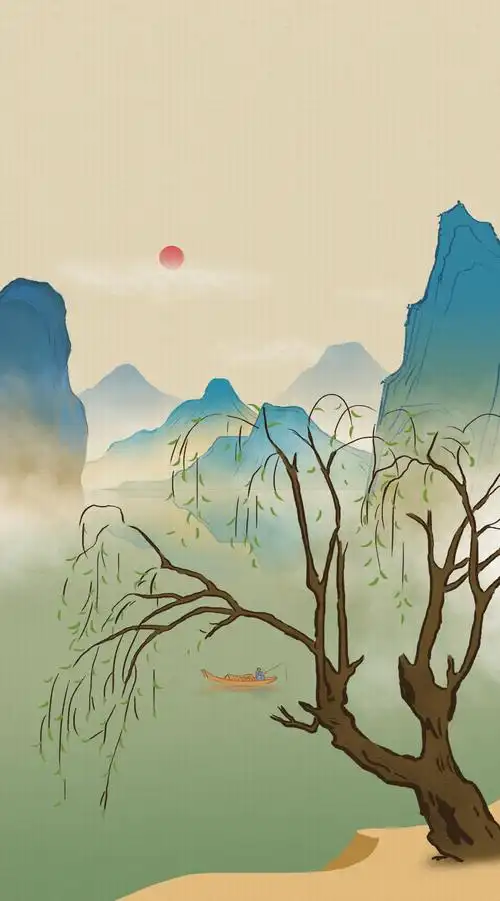 中国风新中式中国画青绿山水画仿古山川地理江河湖泊古风插画