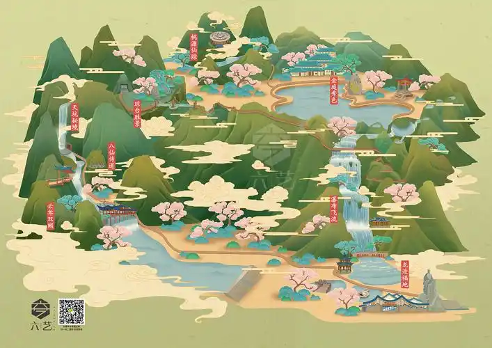 天台山景区大瀑布手绘地图导览图及古风场景插画设计