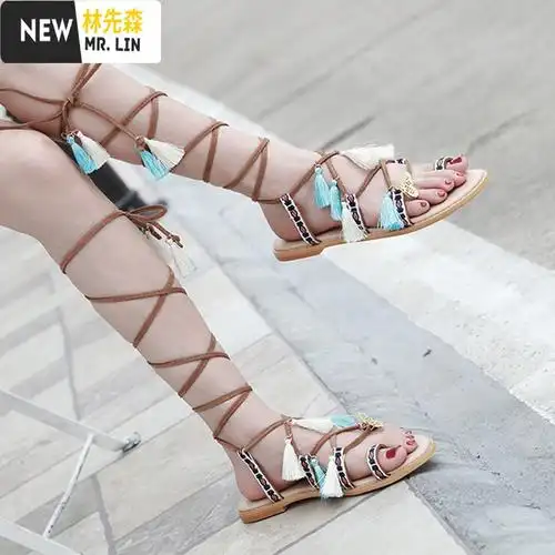 林先森波西米亚民族风绑带罗马凉鞋女2021新款时尚仙女风百搭平底沙滩