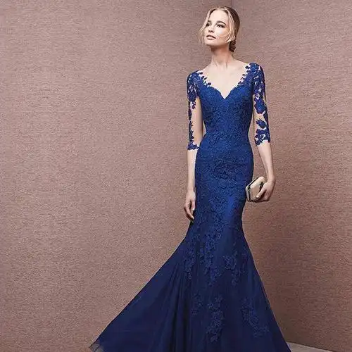 2016新款蓝色长款年会晚会主持人鱼尾修身显瘦女宴会晚礼服