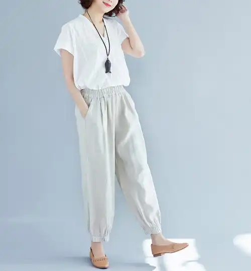 春夏新品松紧腰棉麻女士灯笼休闲裤子纯色宽松亚麻直筒长裤