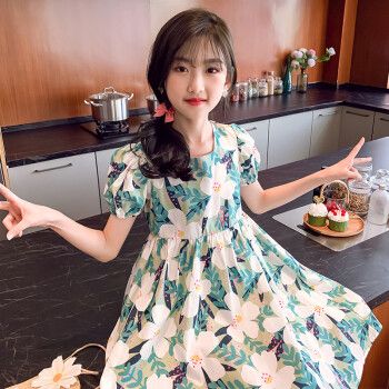 10岁大童女装2022新款女孩洋气短袖裙子 包包 浅蓝色小花 连衣裙 110