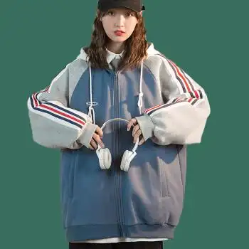 原宿风大学生女生穿的连帽拉链卫衣女春秋装新款慵懒风开衫上衣撞色