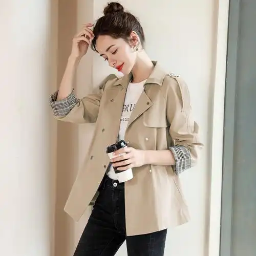 秋季新款翻领双排扣收腰短款风衣翻边长袖女士上衣时尚工装外套