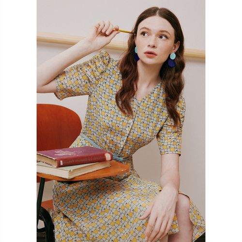 诗篇女装夏v领泡泡袖减龄桑蚕丝印花收腰a字裙连衣裙