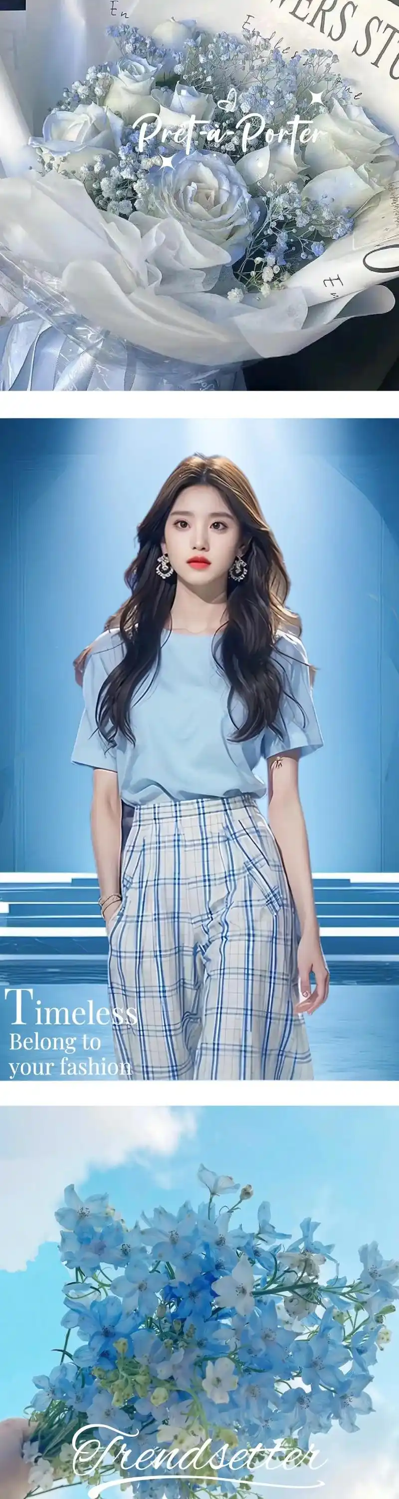 杨幂松弛感穿搭 天空蓝圆领t恤搭配蓝色格子阔腿裤,时尚洋气