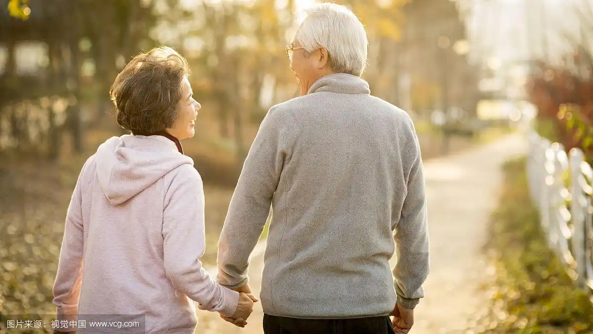 老年夫妇牵手在公园散步的照片