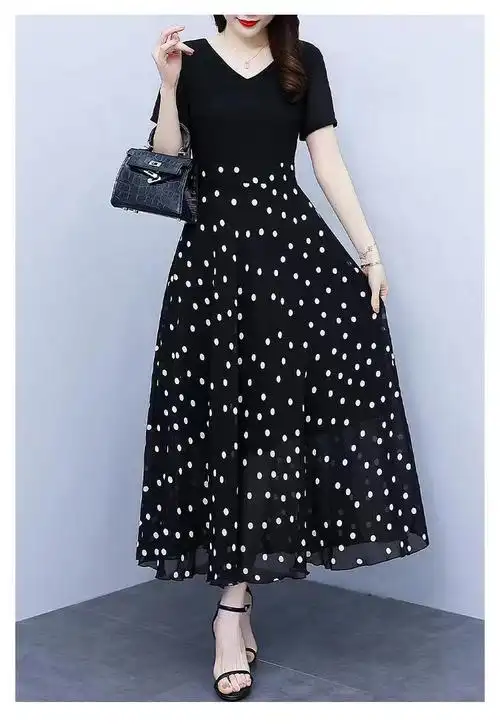黑色波点长裙女夏季新款修身显瘦遮肉大码假两件连衣裙子 - 17网
