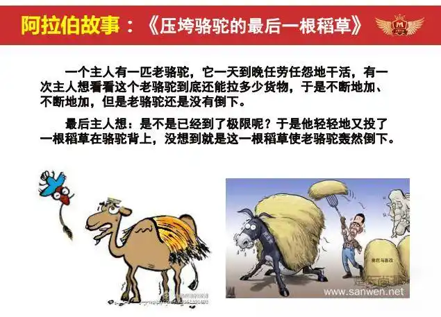 先来个阿拉伯经典故事《压垮骆驼的最后一根稻草》.