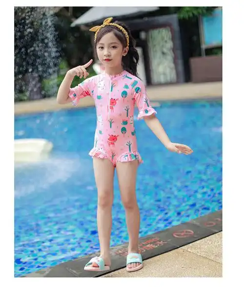 儿童泳衣女童连体比基尼游泳衣短袖可爱宝宝小中大童泳装