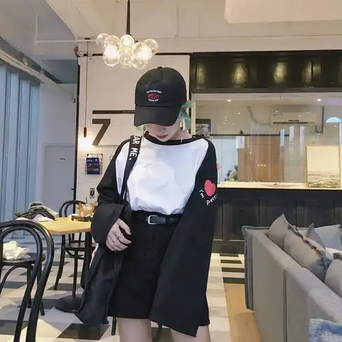 实拍纯棉三标全春装女装韩版宽松爱心印花喇叭袖学院风袖拼接长袖