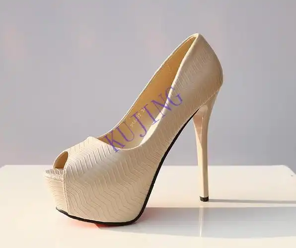 kujing高端品牌波浪纹 红底超高跟鱼嘴鞋女单 杏色夜店恨天高防水台细