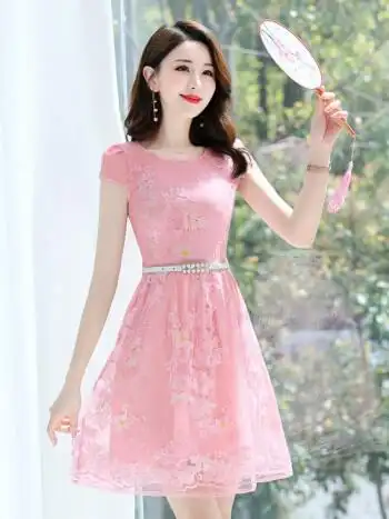 高档洋气连衣裙女夏季新款蕾丝网纱刺绣小个子气质修身裙子粉色160m