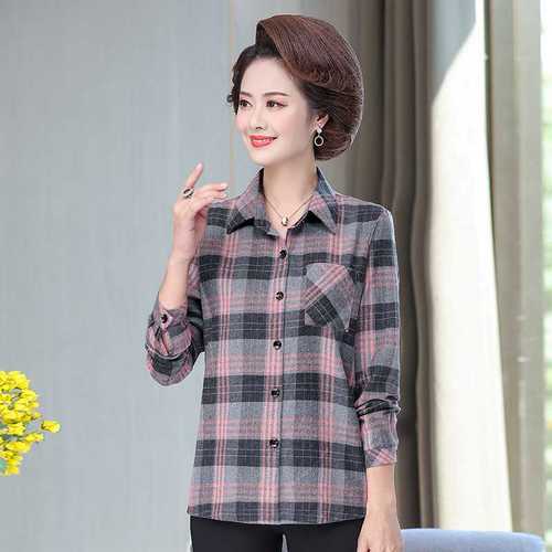 妈妈纯棉衬衫中老年春秋长袖格子衬衣女中年夏装薄款外套女装上衣