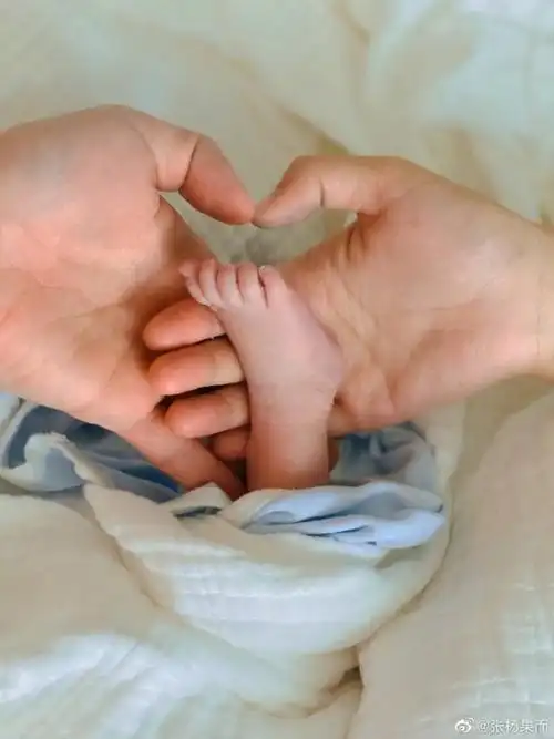 张杨果而也还晒出了一家三口的合照,画面中的她和老公百克力用手托着