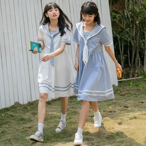 森女日系部落夏季海军风jk制服连衣裙女夏闺蜜装宽松森系学生裙子