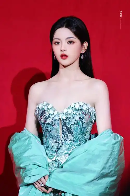 杨超越头肩比##杨超越水蓝色抹胸裙