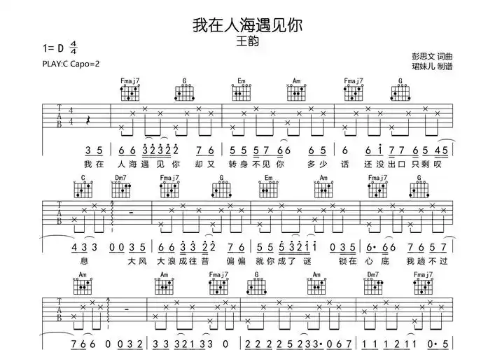 我在人海遇见你吉他谱_王韵_c调弹唱六线谱_珺妹儿上传