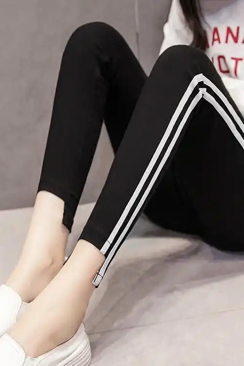 弹力条纹打底裤女裤子外穿百搭显瘦紧身裤秋季新款百搭黑色铅笔裤