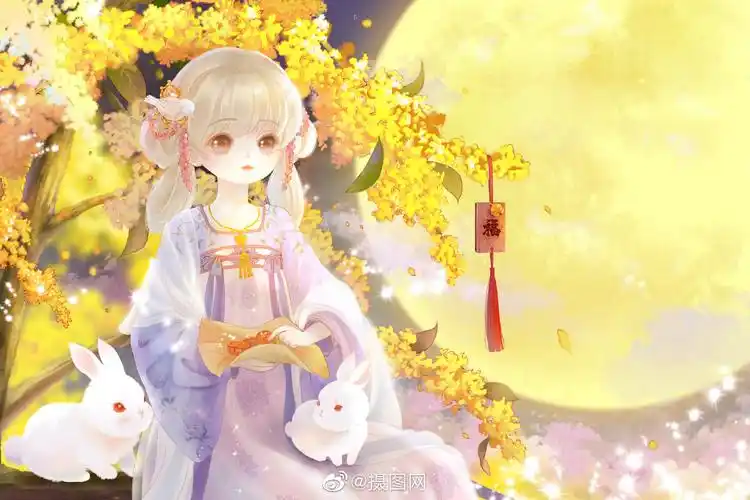 快和图图回家吧~中秋节兔子拟人插画,兔子小姐邀你一起赏月~ 版权by摄