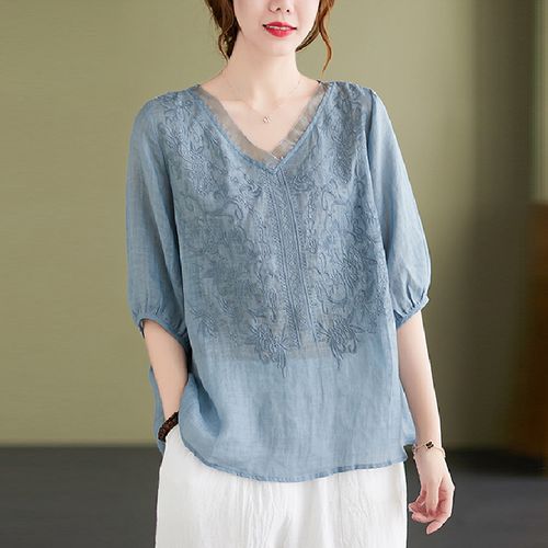 女士苎麻上衣夏装2022新款中年妈妈棉麻休闲t恤宽松小衫亚麻女装