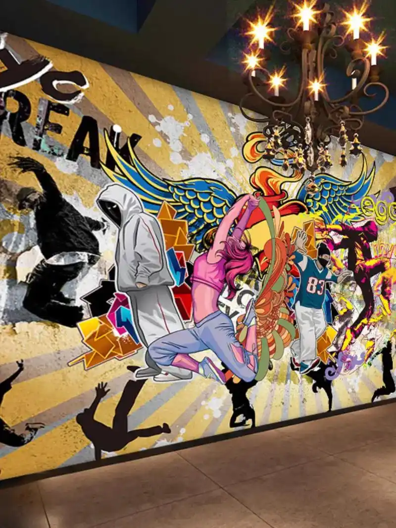 手绘街头涂鸦3d背景墙纸抽象个性潮牌健身房壁画舞蹈嘻哈街舞壁