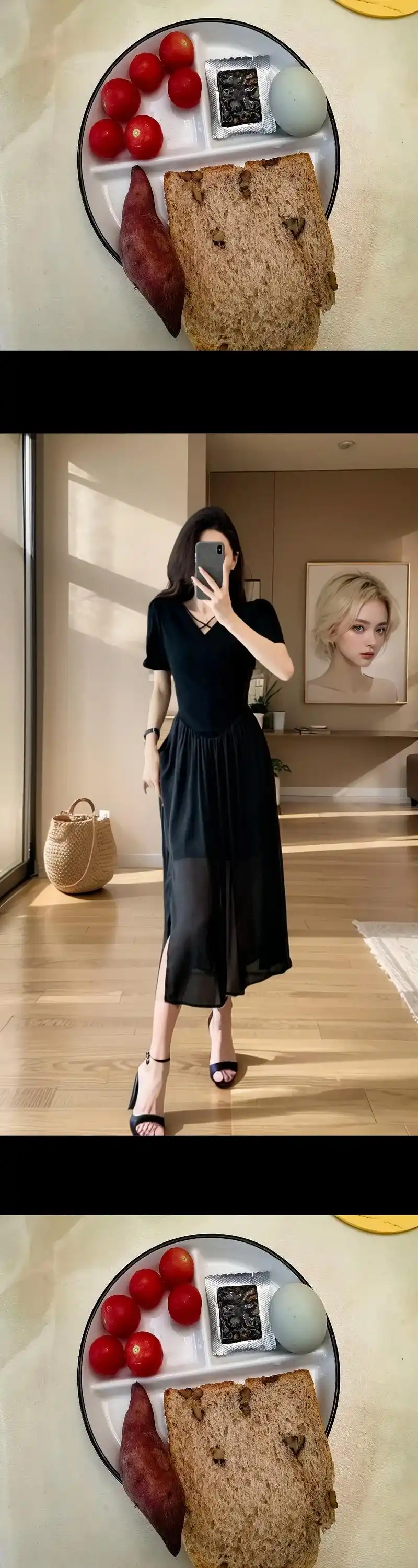 赫本风黑色小v领连衣长裙