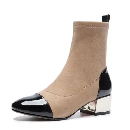 阿么秋冬中粗跟拼色时尚圆头中筒百搭色拼接女式中靴弹力靴女视频