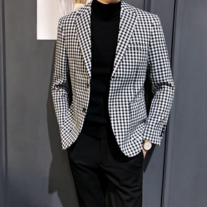炸街格子西服男士外套春秋季韩版修身高端帅气休闲千鸟格西装单件