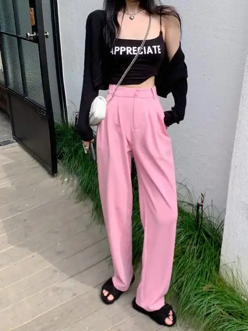 粉色西装裤〃高腰垂感阔腿裤女夏季宽松直筒休闲运动裤子