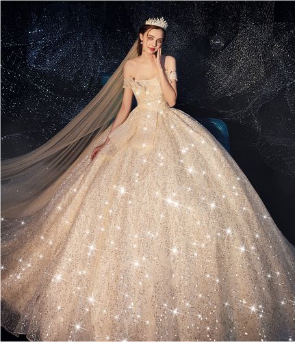 主婚纱2021新款喷金拖尾显瘦仙拖尾显瘦梦幻公主星空豪华新娘