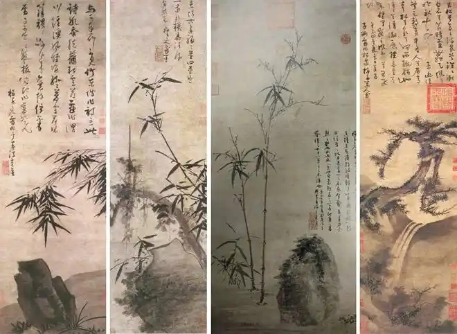 吴镇《墨竹坡石图》轴,天津市艺术博物馆藏 吴镇《多福图》轴,台北