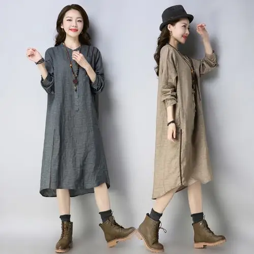 休闲宽松女棉麻长袖时尚连衣裙