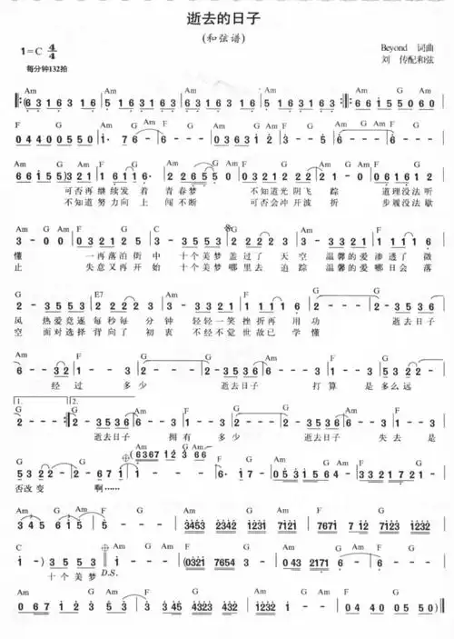 逝去的日子 beyond 歌谱 和弦谱,简谱