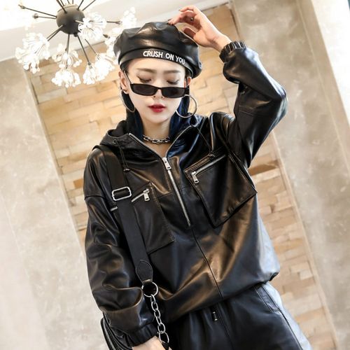 短外套女2023秋冬新款真皮韩版皮衣绵羊皮长袖卫衣黑色连帽皮夹克