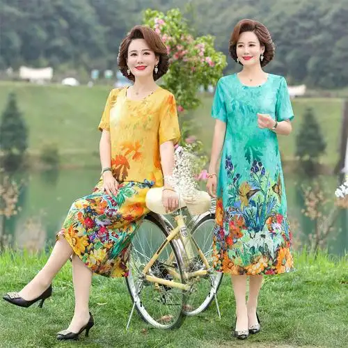 妈妈夏装连衣裙短袖新款薄40岁50洋气大码中老年女装花色气质裙子