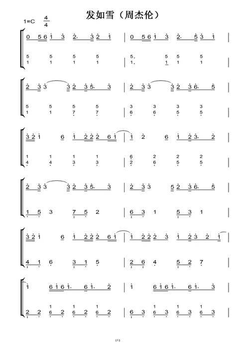 发如雪(周杰伦) 初学者演奏版 钢琴双手简谱 钢琴谱 钢琴简谱.pdf