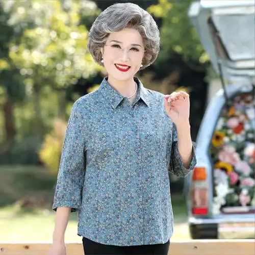 长袖奶奶装宽松衬衣女装加肥加大t恤上衣夏季纯棉中老年妈妈衬衫